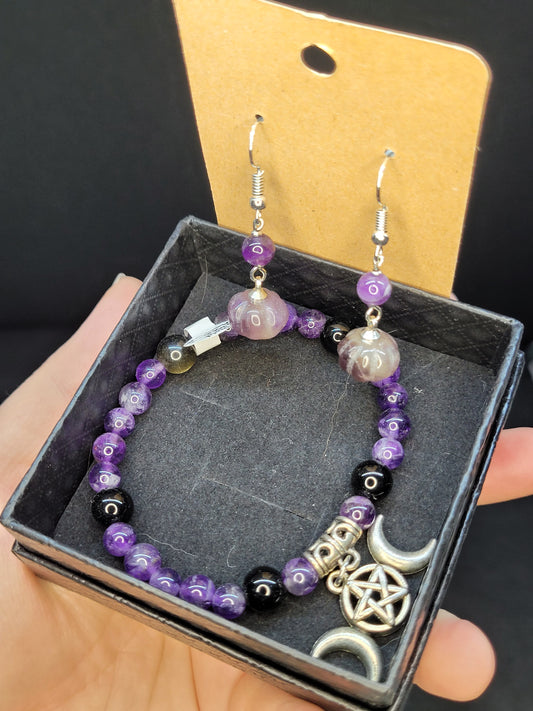 Amethyst/Obsidian Bracelet , Amethyst Earrings set