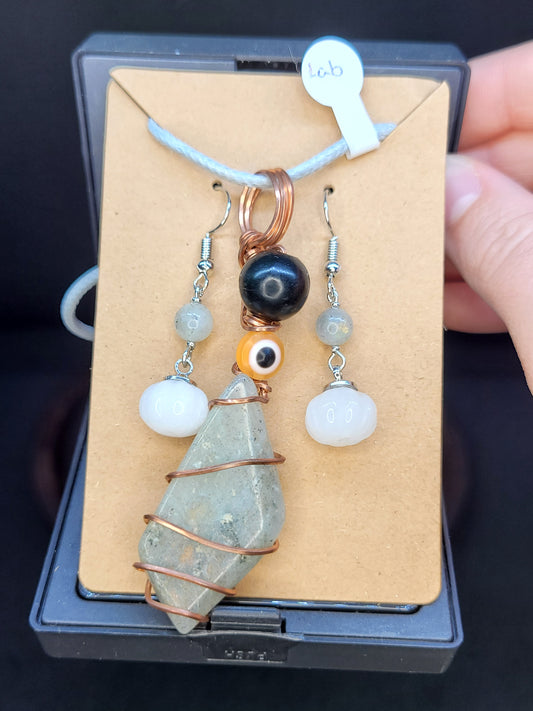 Labradorite wrapped Necklace / Pumpkin Earrings Set