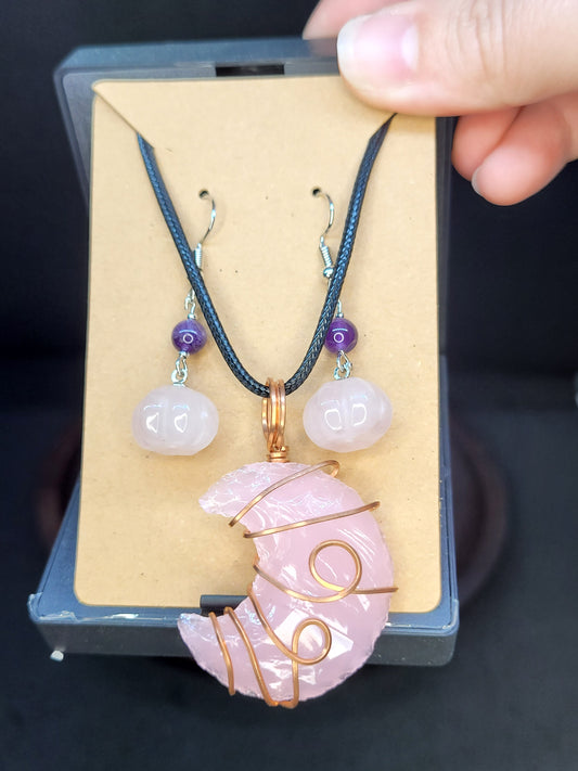 Pink Opalite Crescent Moon Necklace / Pumpkin Earrings Set