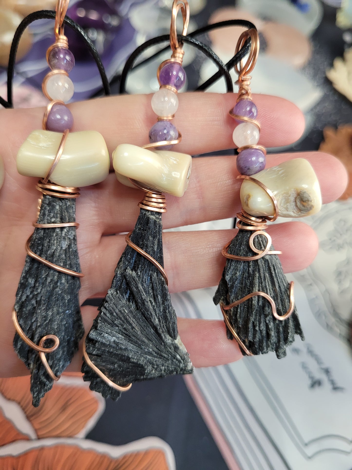 Black Kyanite Wiches Broom Pendant Necklaces