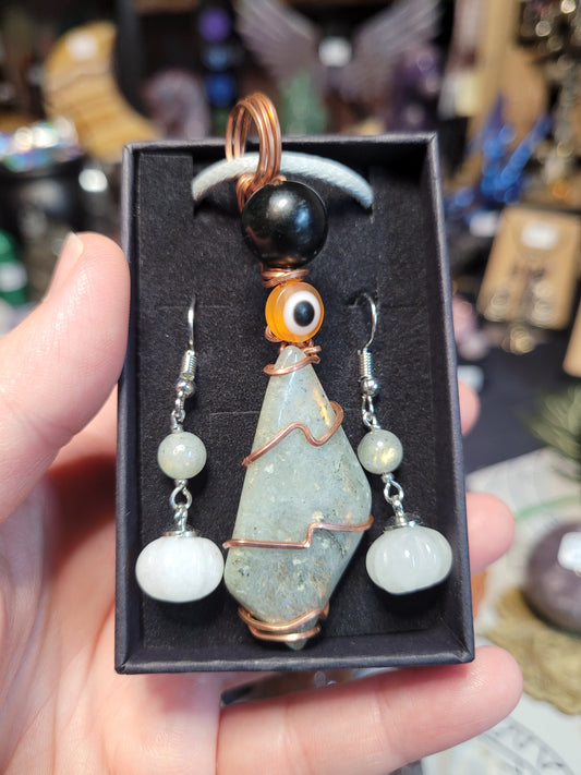 Labradorite wrapped Necklace / Pumpkin Earrings Set - Handmade