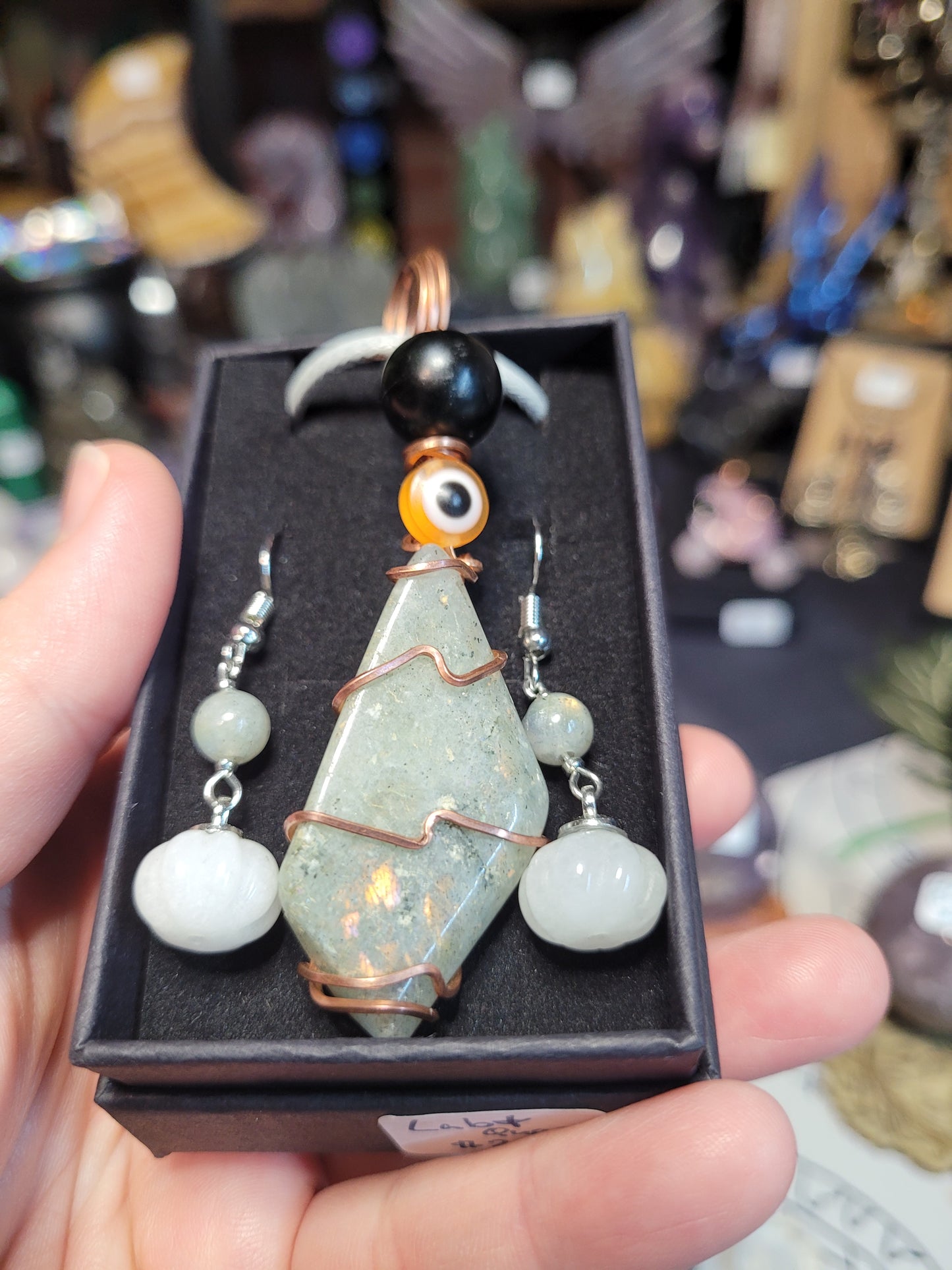 Labradorite wrapped Necklace / Pumpkin Earrings Set - Handmade