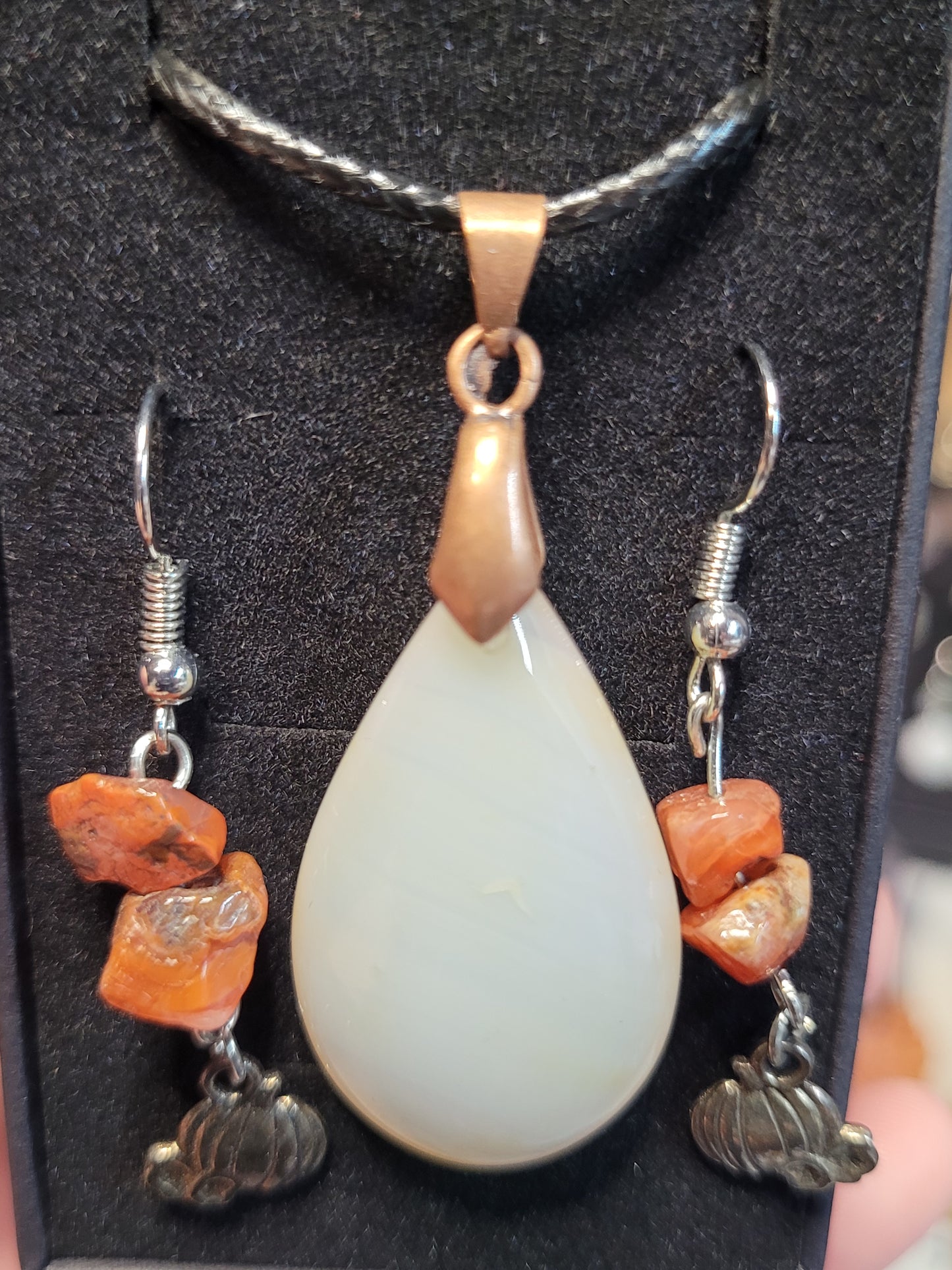 Carnelian Tear Drop Necklace / Pumpkin Earrings Set - Handmade