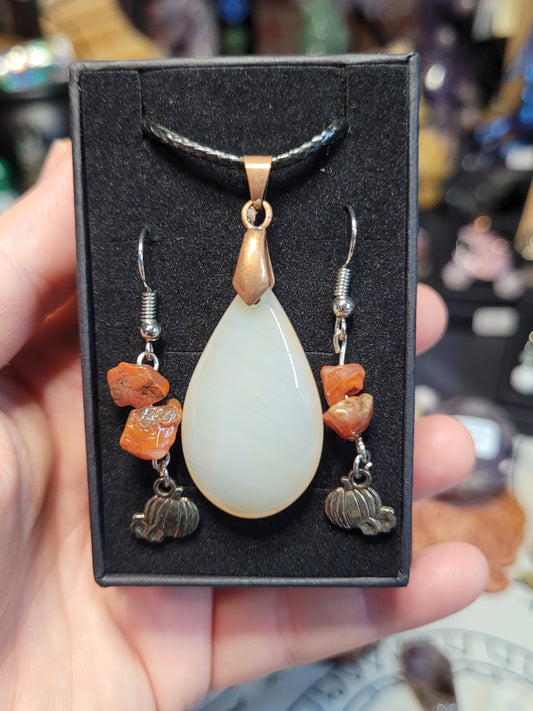 Carnelian Tear Drop Necklace / Pumpkin Earrings Set - Handmade