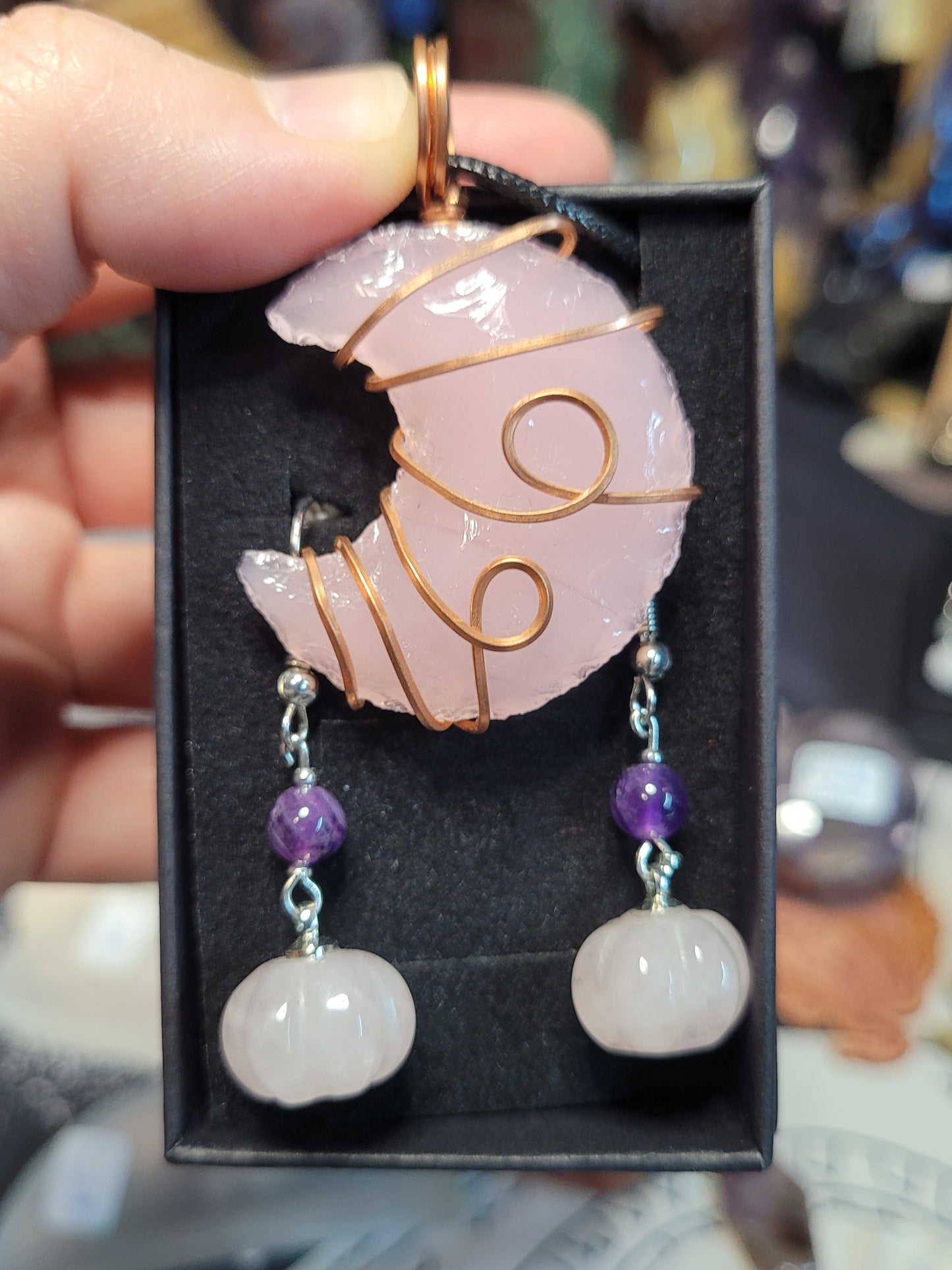 Pink Opalite Crescent Moon Necklace / Pumpkin Earrings Set - Handmade