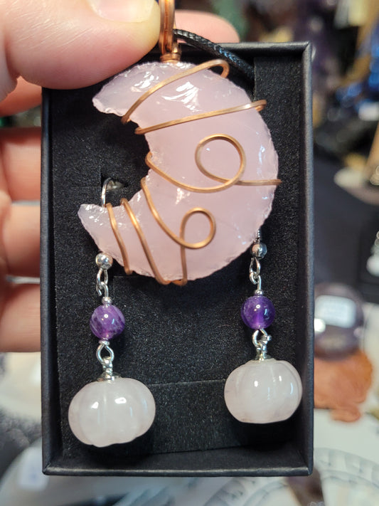 Pink Opalite Crescent Moon Necklace / Pumpkin Earrings Set - Handmade