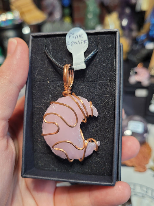 Copper Wrapped Pink Opalite Cresent Moon Neckalces - Handmade