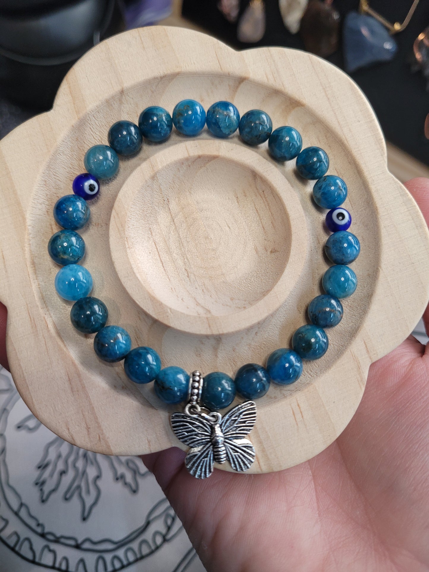 Blue Apatite / Evil Eye / Moth Bracelet - Handmade
