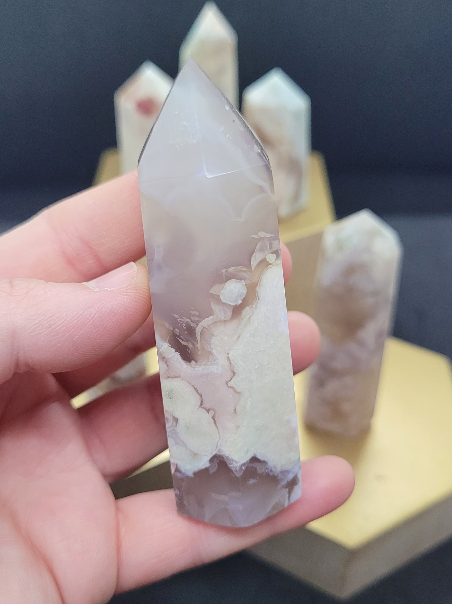 Flower Agate Towers - Hexagonal cut