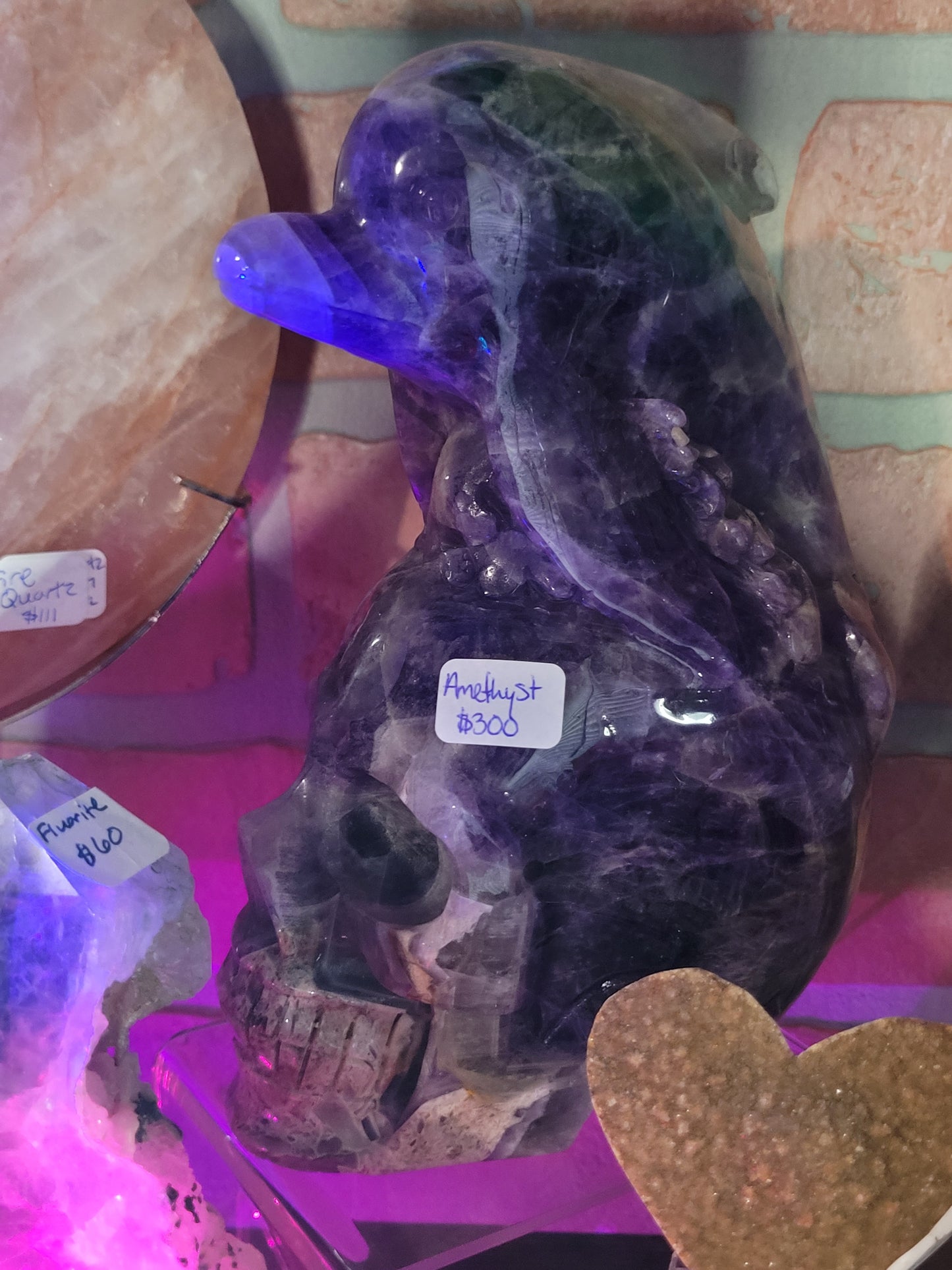 Dream Amethyst Skull/Dolphin carving