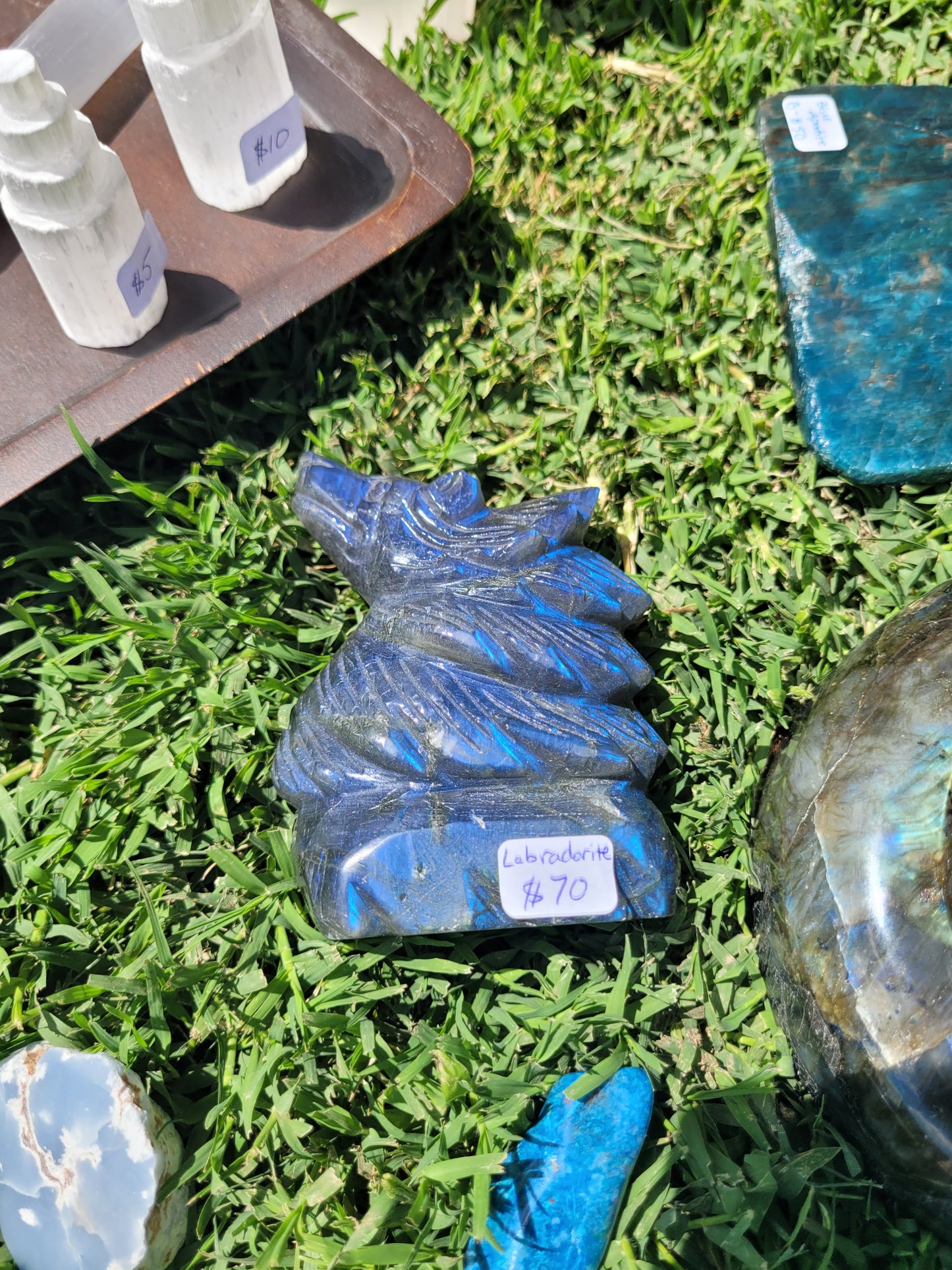 Large Labradorite Wolf carvings