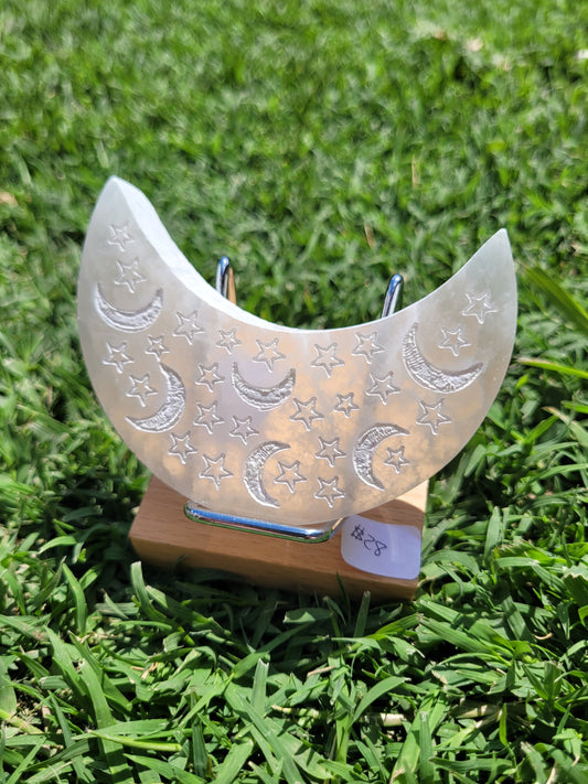 Etched Satin Spar Crescent Moon Carving