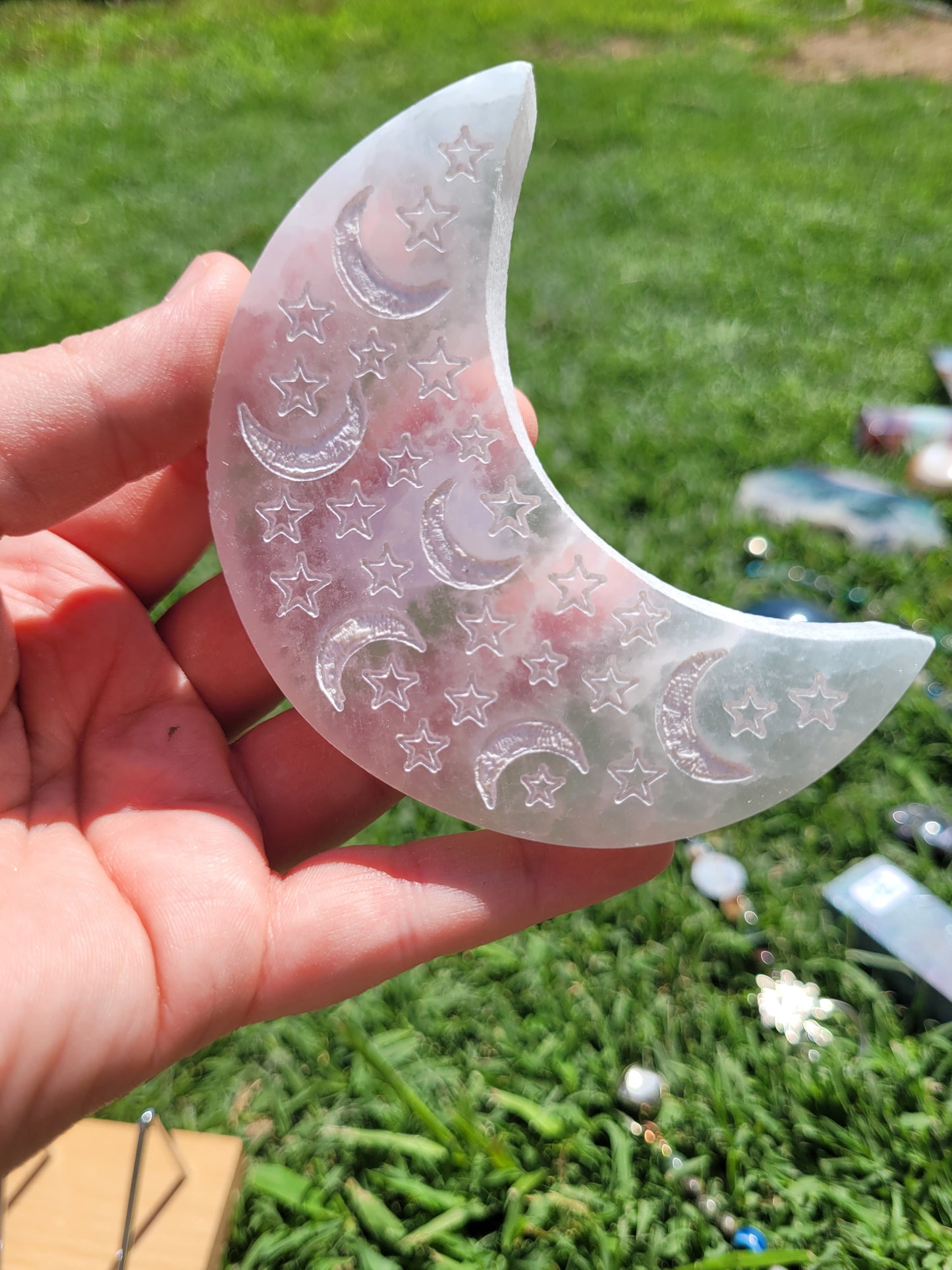 Etched Satin Spar Crescent Moon Carving - Misfit