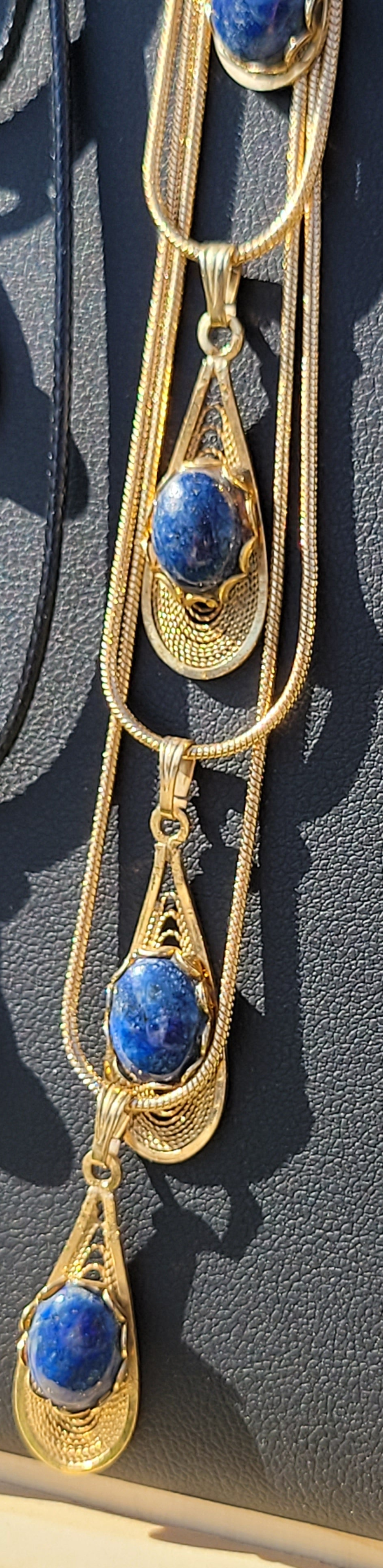 Lapis Lazuli Cab - Tear Drop Pendant Necklace - Gold