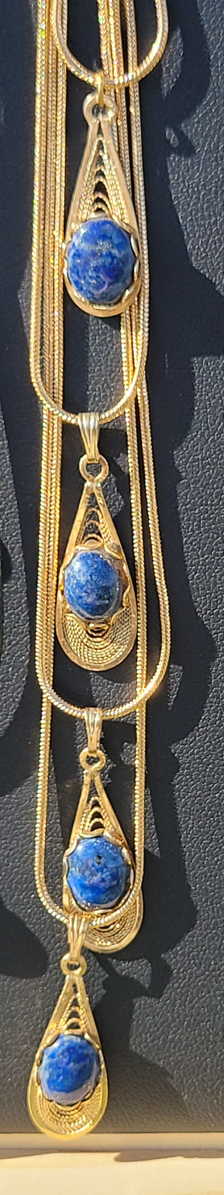 Lapis Lazuli Cab - Tear Drop Pendant Necklace - Gold