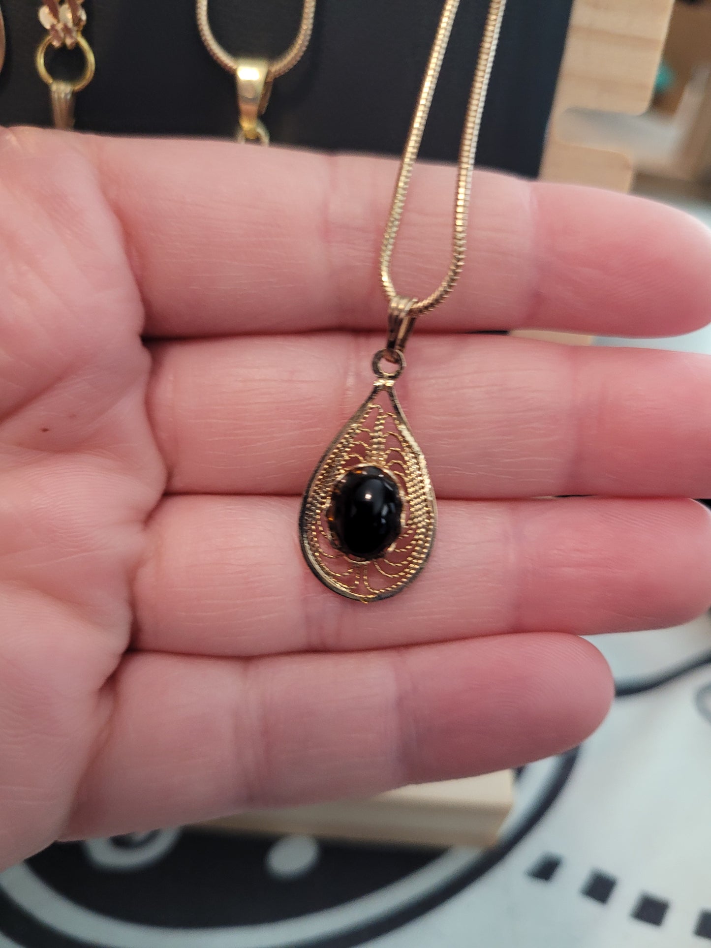 Obsidian Cab - Tear Drop Pendant Necklace - Gold