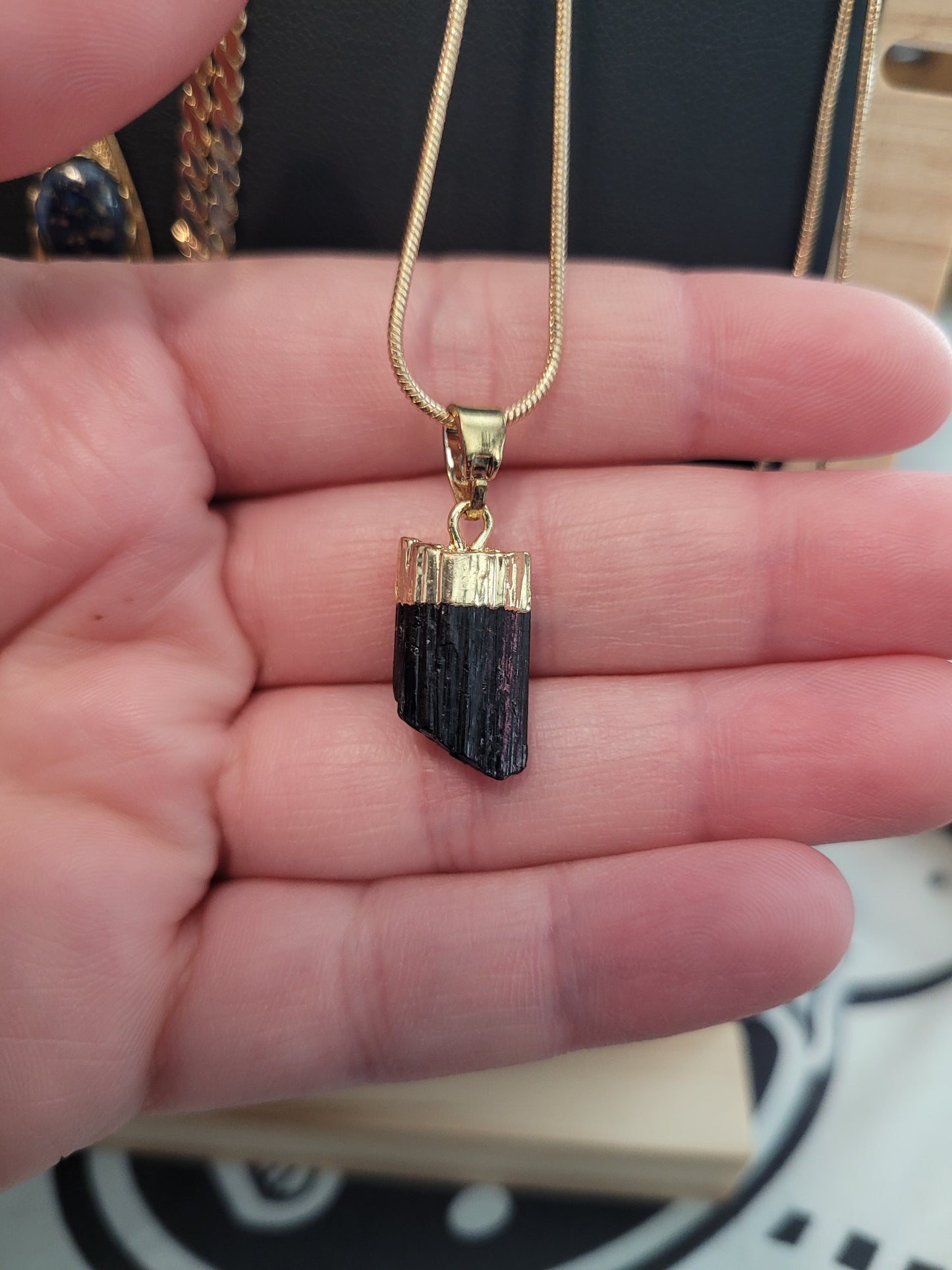 Raw Black Tourmaline Pendent Necklace - Gold - Small