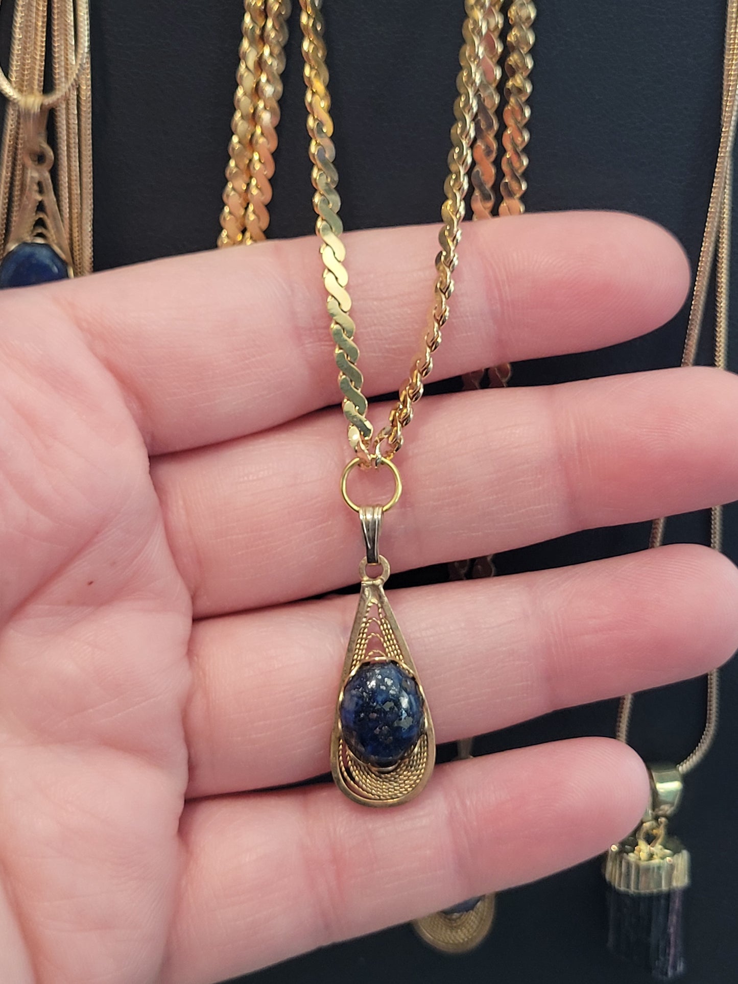 Lapis Lazuli Cab - Tear Drop Pendant Necklace - Choker - Gold