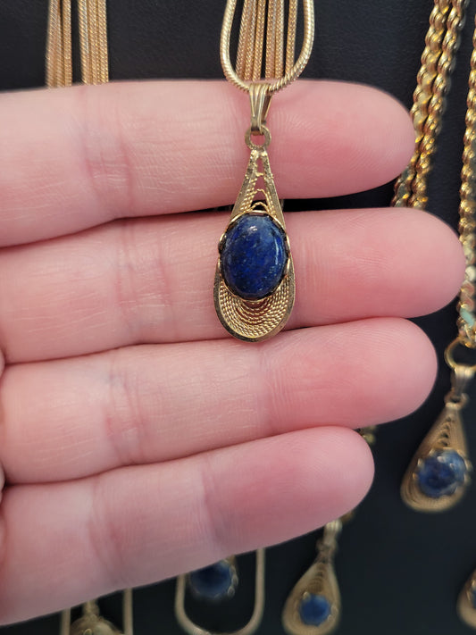 Lapis Lazuli Cab - Tear Drop Pendant Necklace - Gold