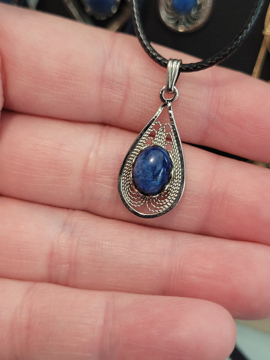 Lapis Lazuli Cab - Tear Drop Pendant Necklace - Silver