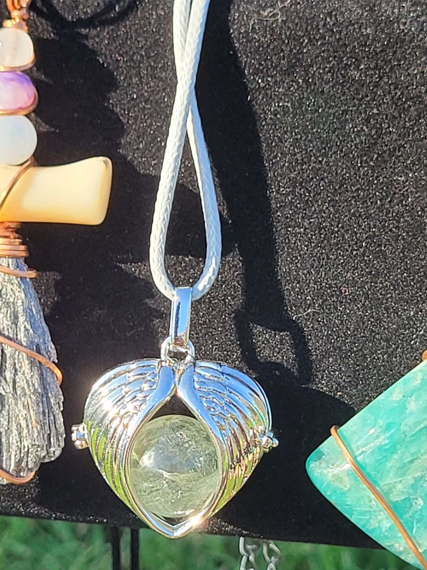 Silver Angel Wing Cage Neclace - With Prasiolite Sphere