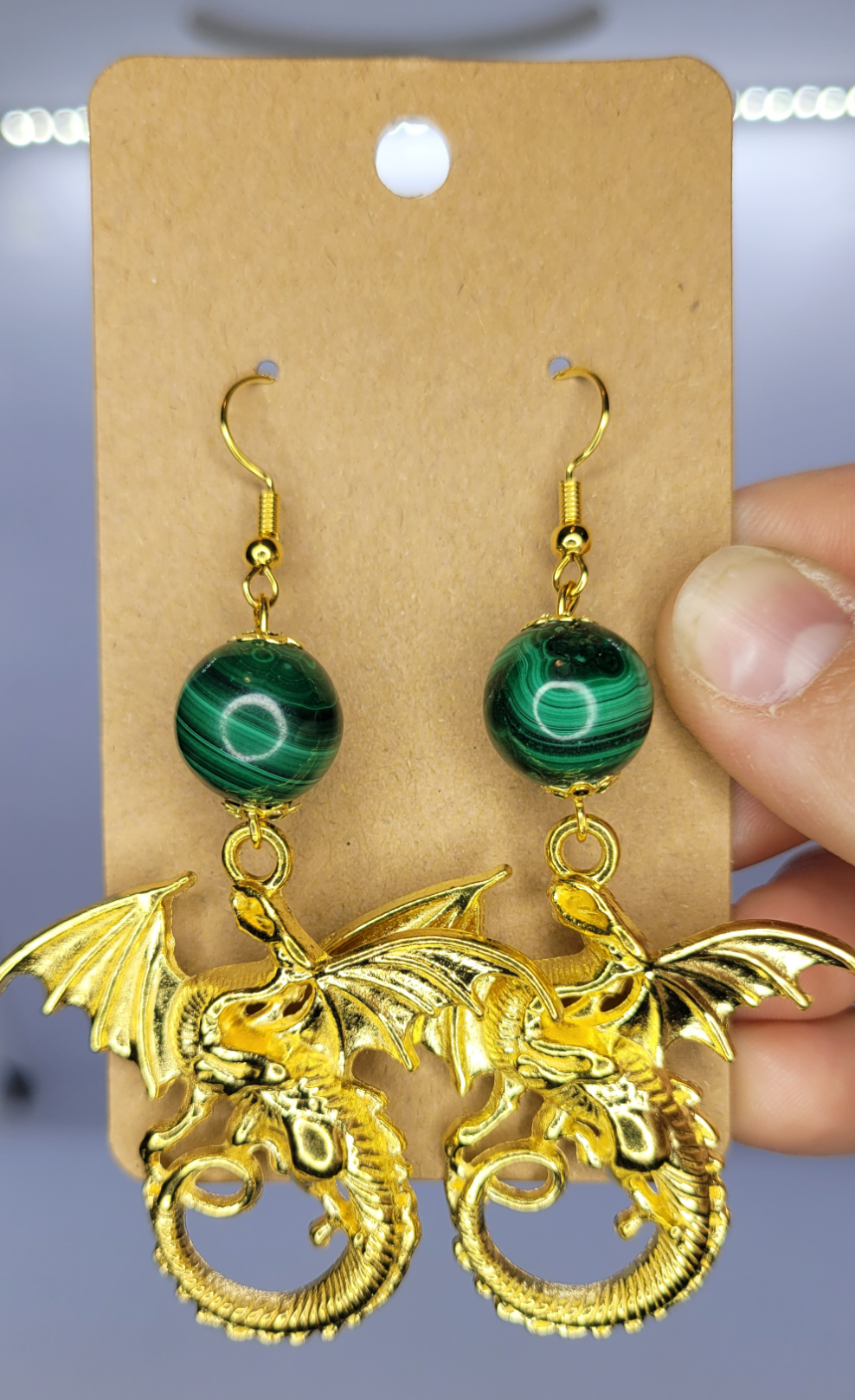 Malachite - Gold dragon charm earrings - Gold