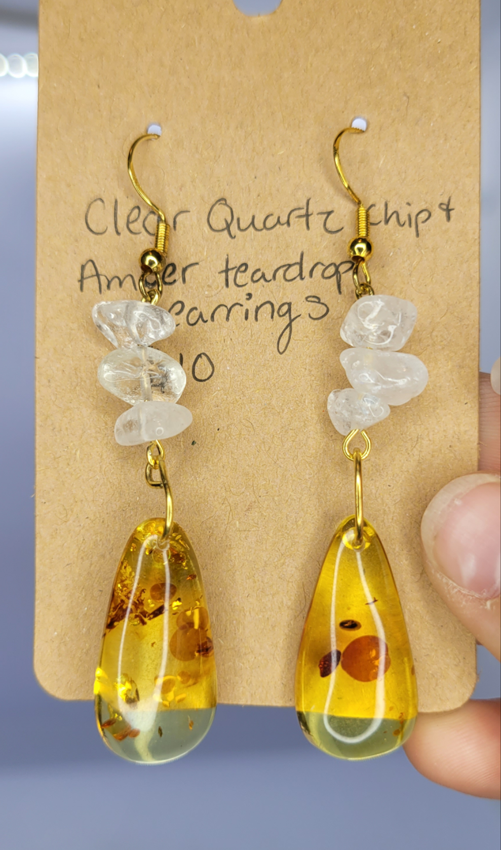 Clear Quartz chip, Amber Teardrop Pendant Earrings- Gold