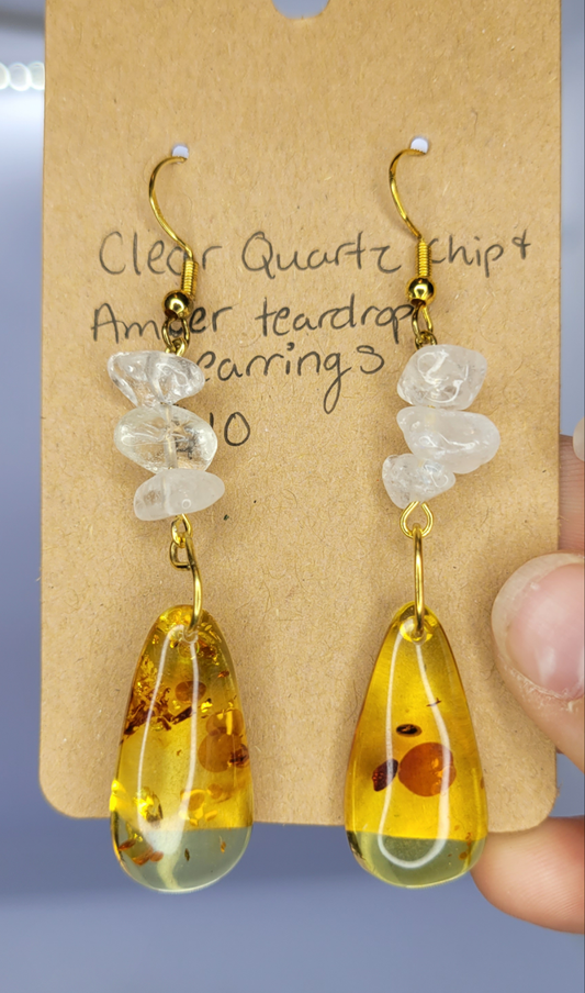 Clear Quartz chip, Amber Teardrop Pendant Earrings- Gold