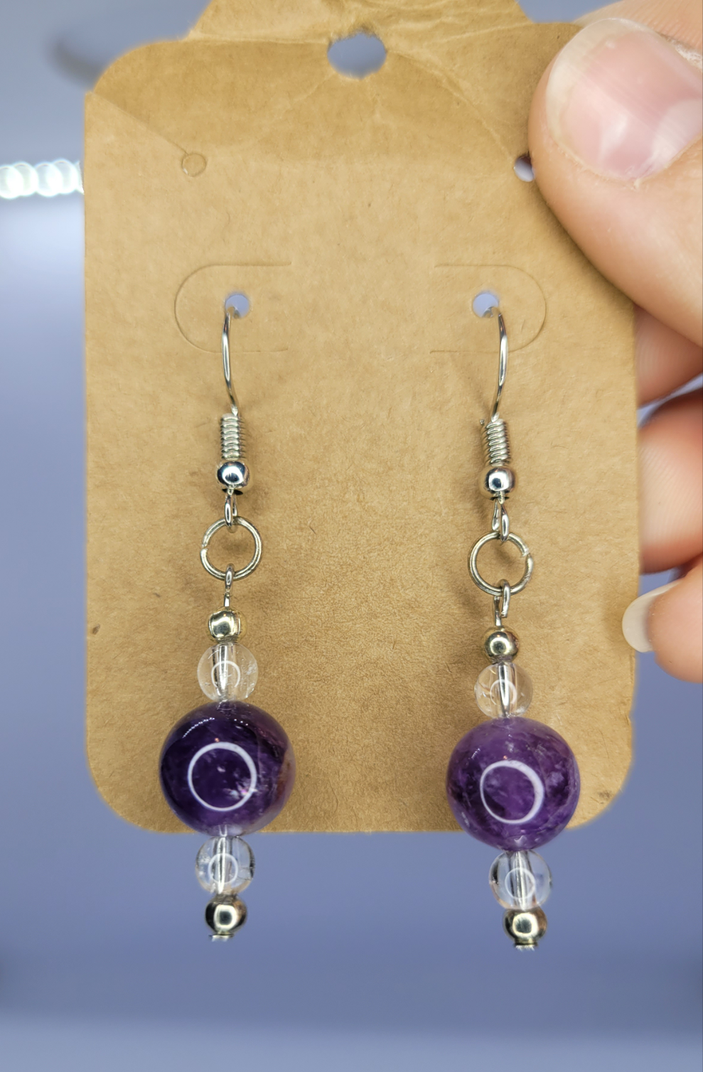 Amethyst, Clear quartz bead earrings - silver