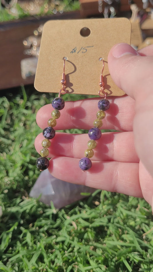 Charoite & Peridot Earrings - Copper - Handmade