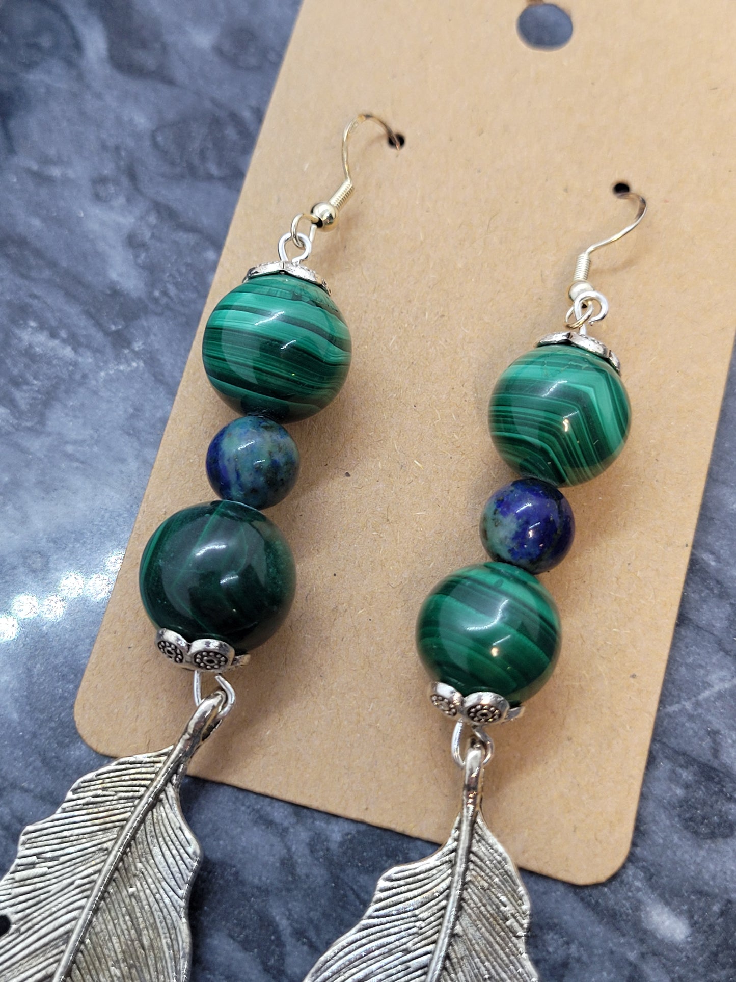 Malachite, Azurite/Chrysocolla, feather charm earrings - silver