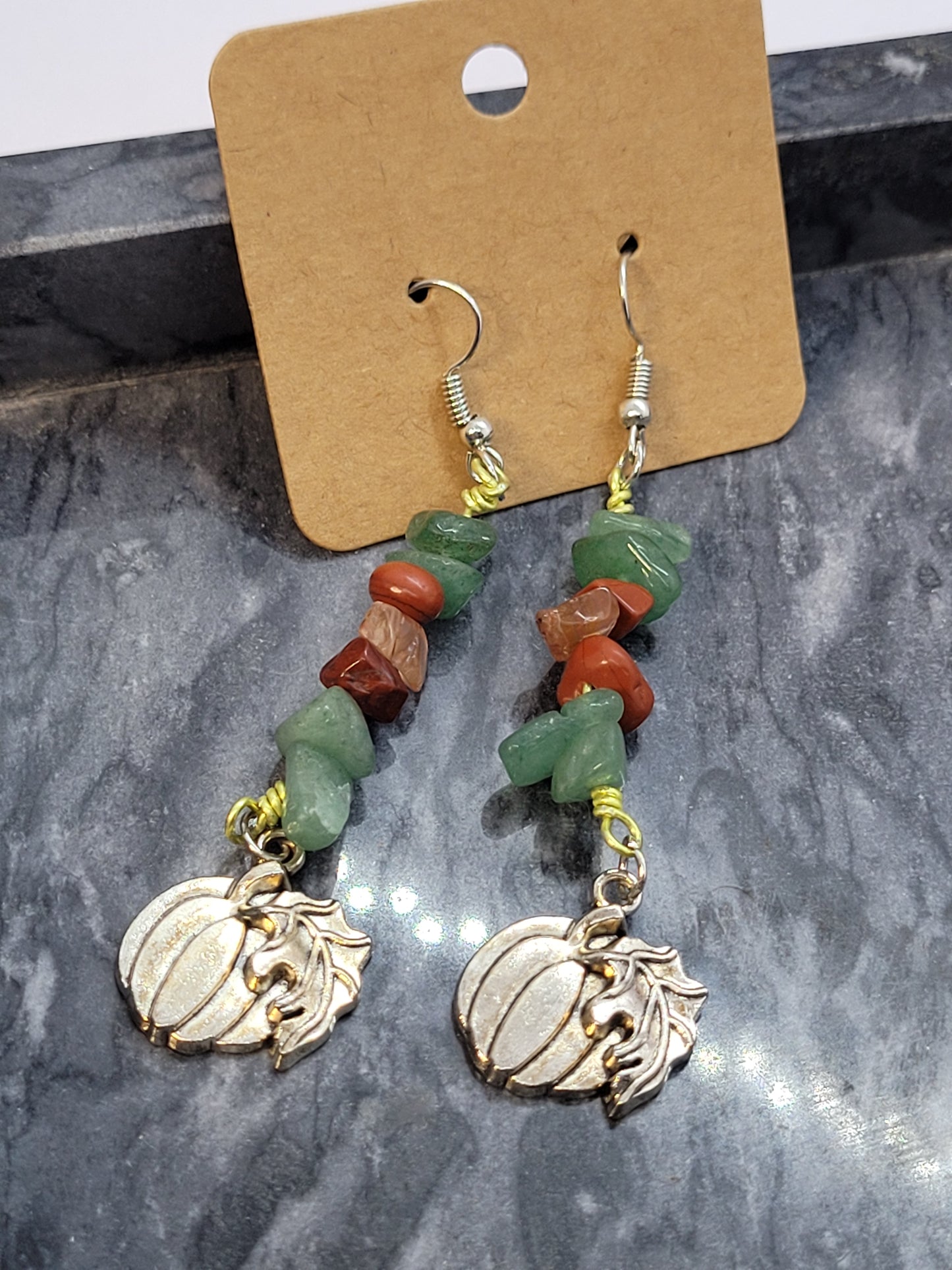 Green Aventurine, Carnelian, Red Jasper, Pumpkin Earrings- silver