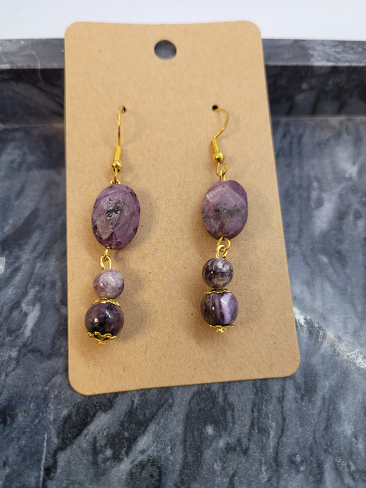 Ruby & Charoite earrings - gold