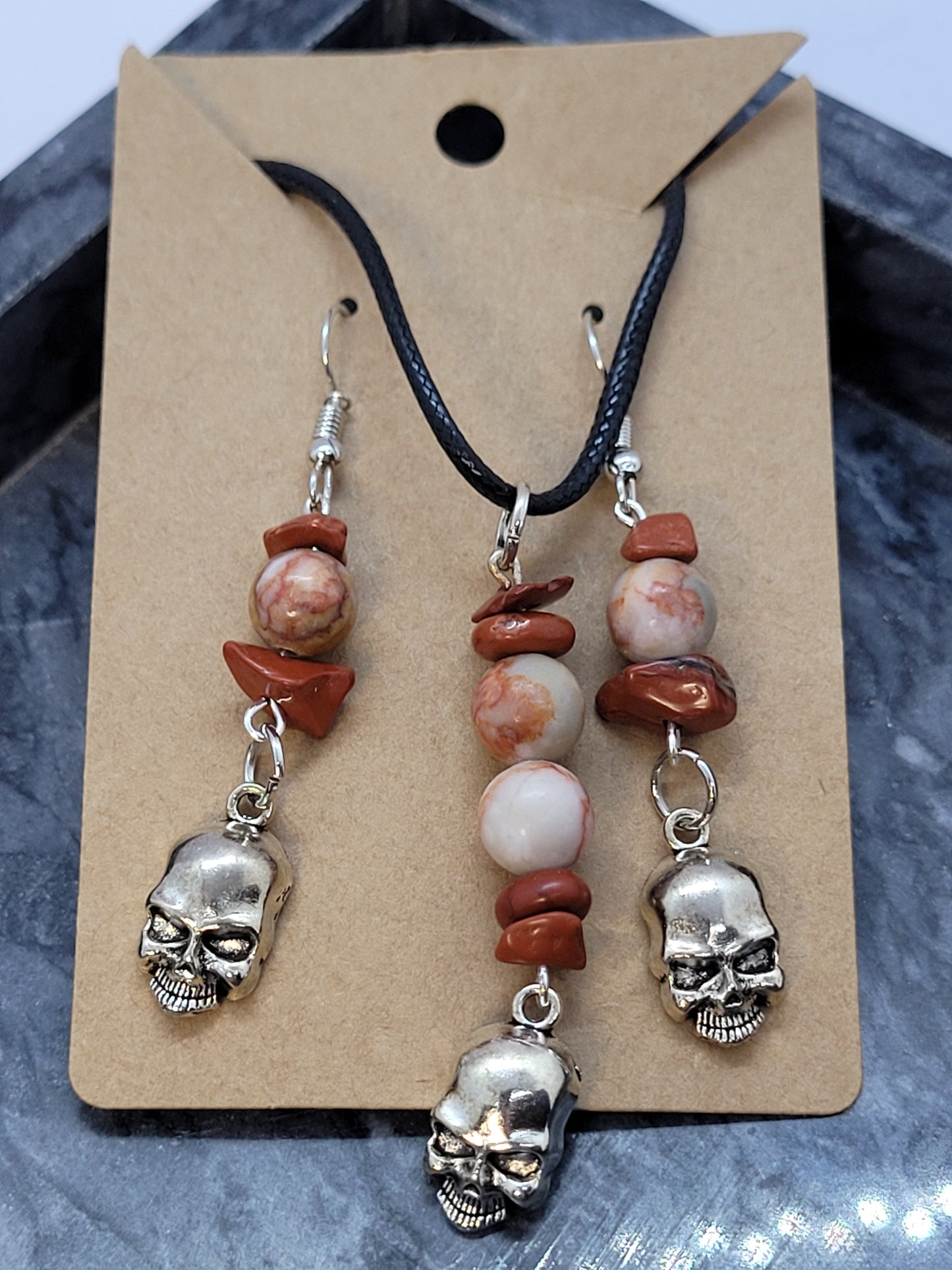 Jasper skull pendant earrings & necklace set