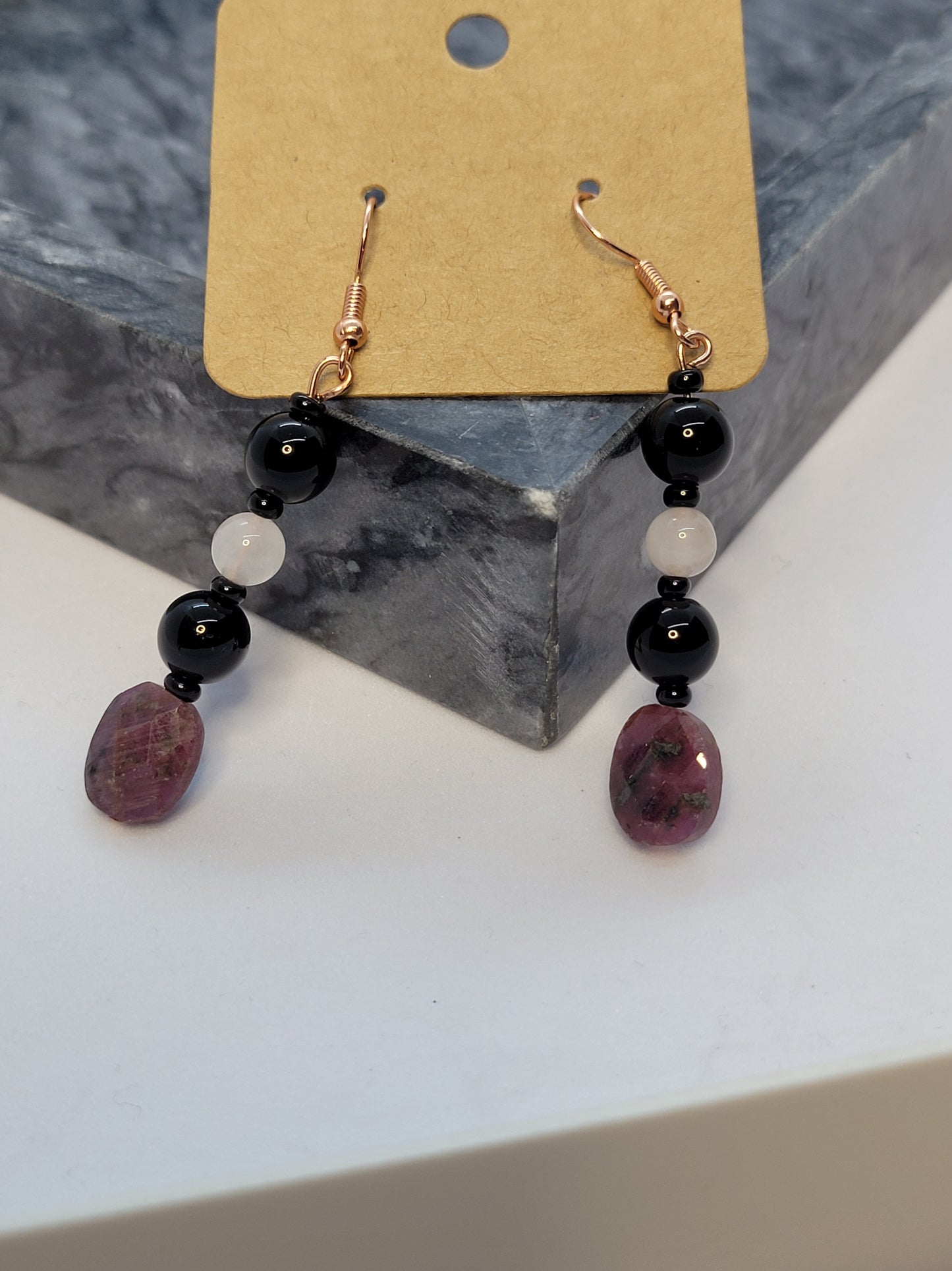 Faceted Ruby, Obsidian & Rose Quartz earrings - copper