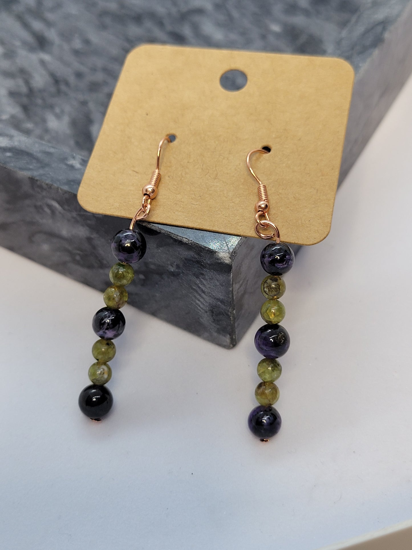 Charoite & Peridot earrings - copper