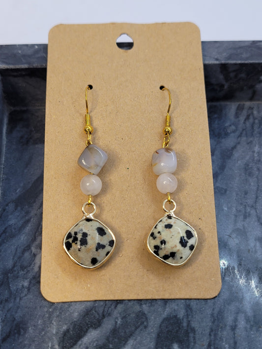 Dalmation Jasper, rose quartz & white agate earrings - gold