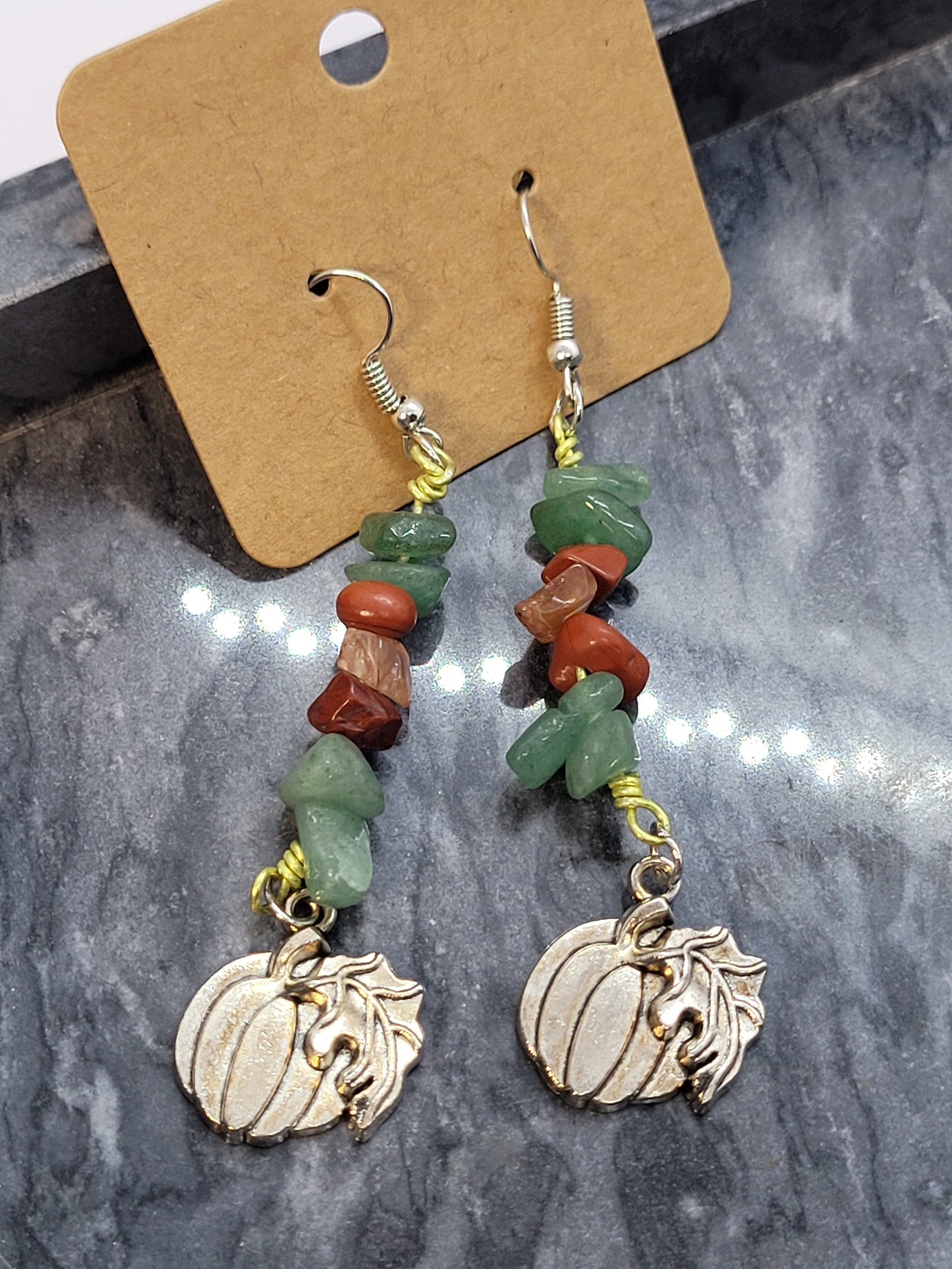 Green Aventurine, Carnelian, Red Jasper, Pumpkin Earrings- silver