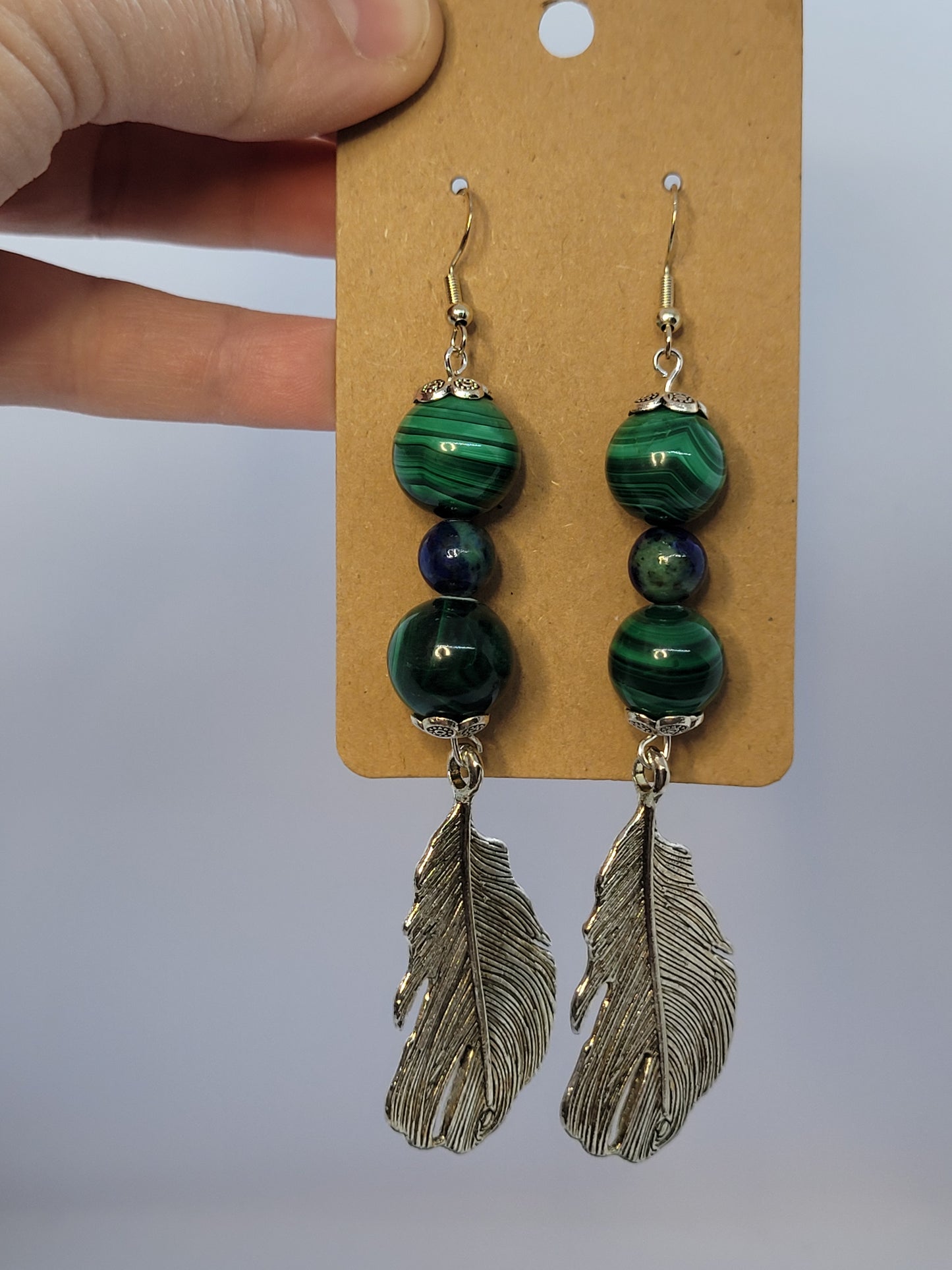 Malachite, Azurite/Chrysocolla, feather charm earrings - silver