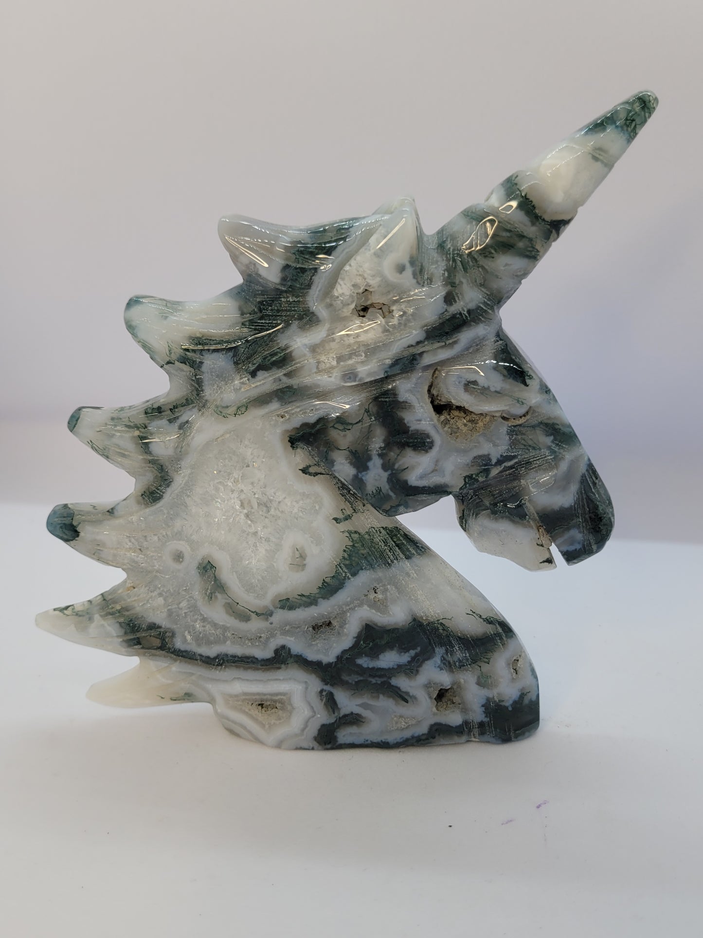 Druzy Moss Agate Unicorn Head - Large