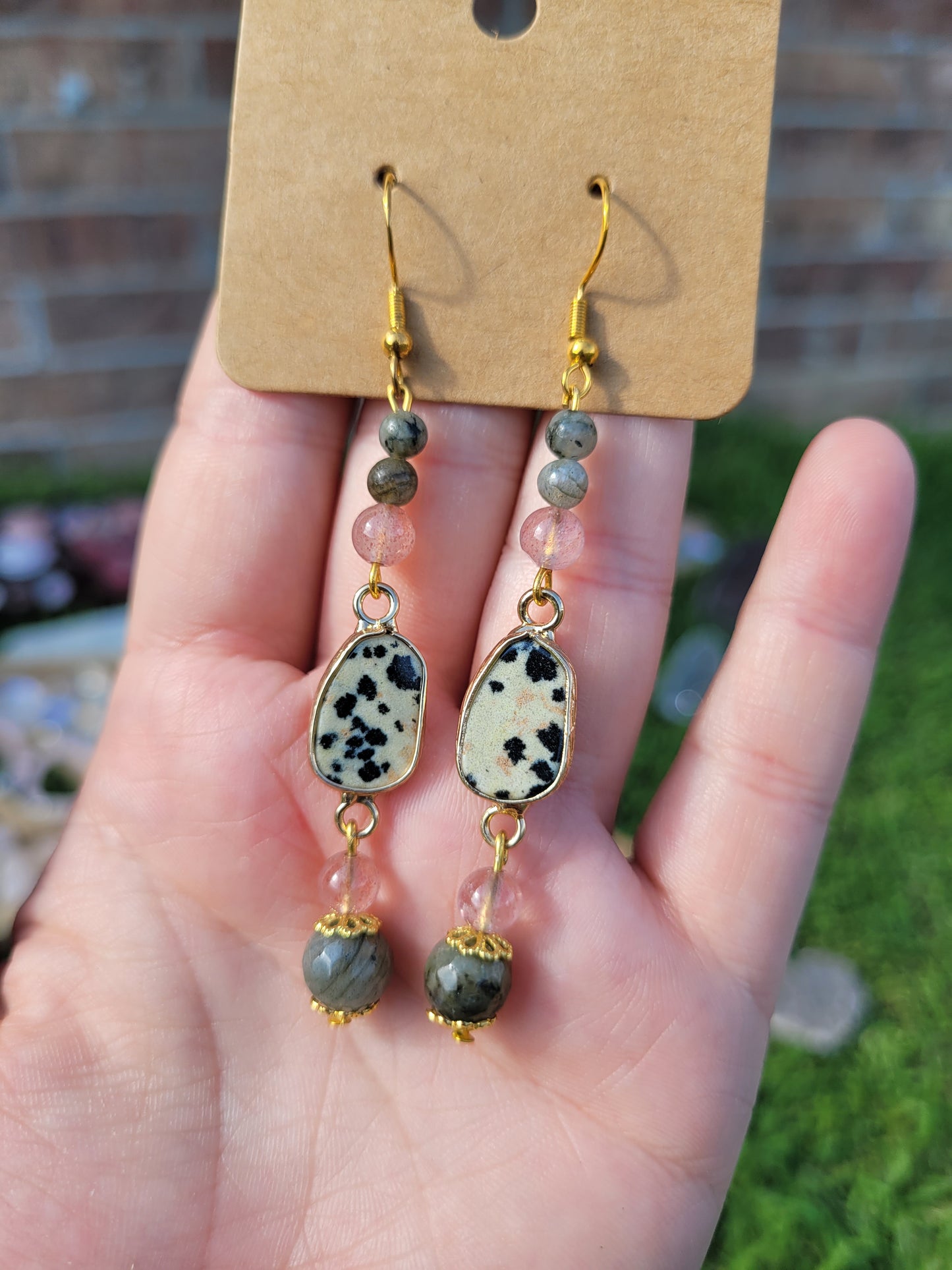 Dalmatian Jasper, Labradorite & Strawberry Quartz earrings - gold