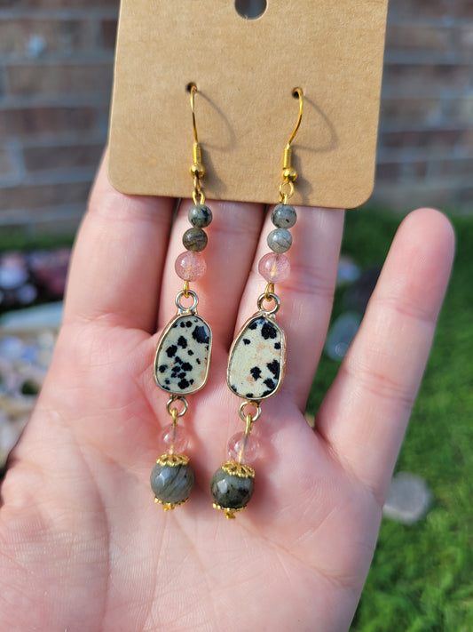 Dalmatian Jasper, Labradorite & Strawberry Quartz earrings - gold