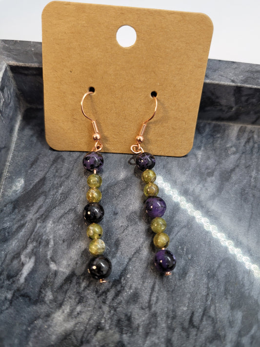 Charoite & Peridot earrings - copper