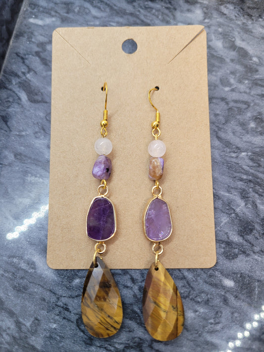 Tiger's Eye, Amethyst, Charoite & Amethyst earrings - gold