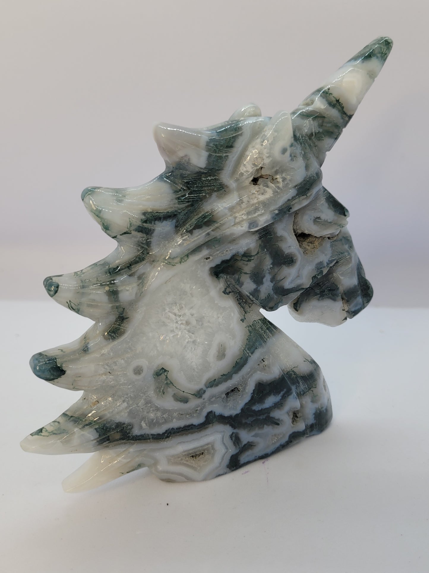 Druzy Moss Agate Unicorn Head - Large