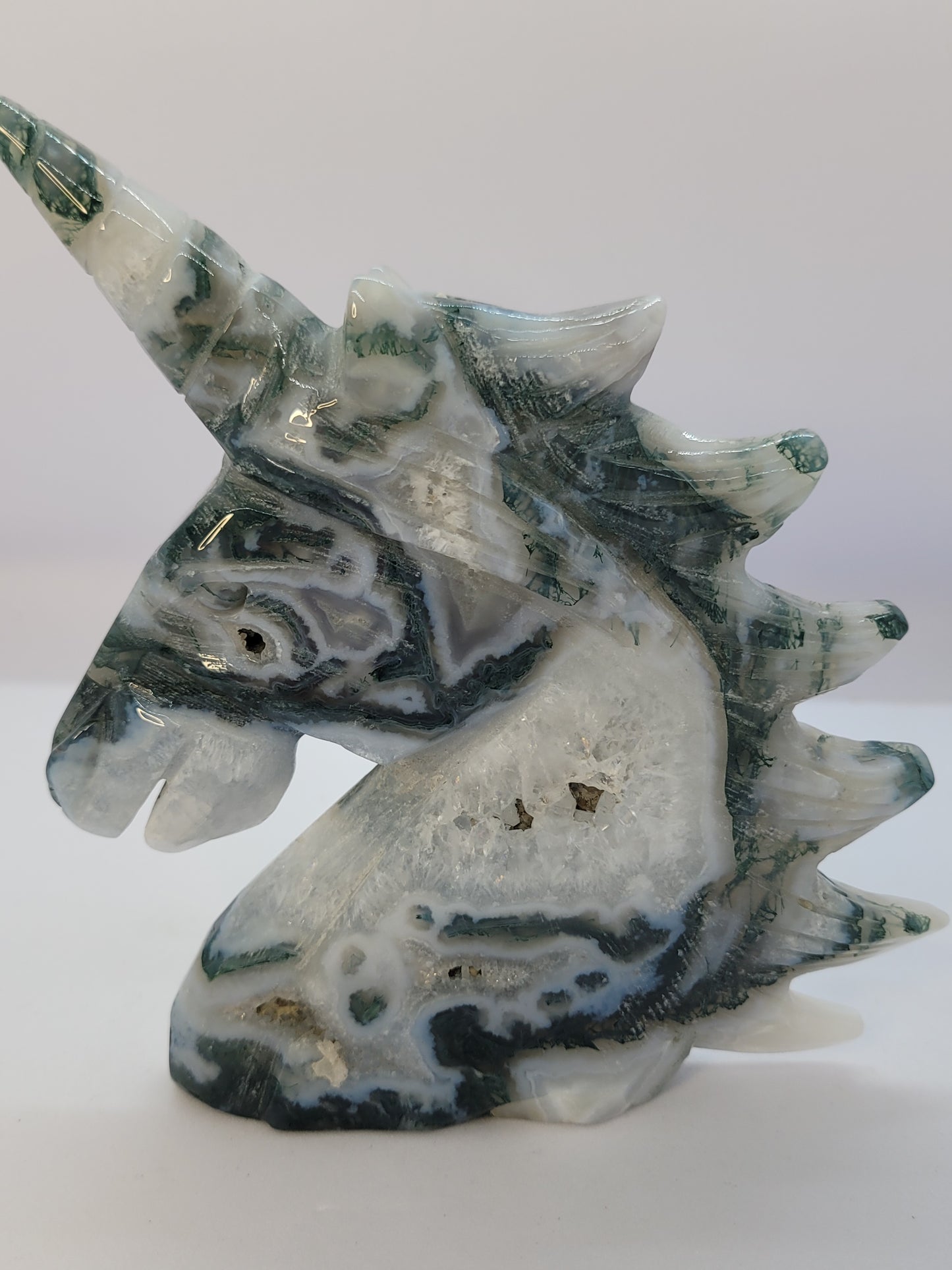 Druzy Moss Agate Unicorn Head - Large