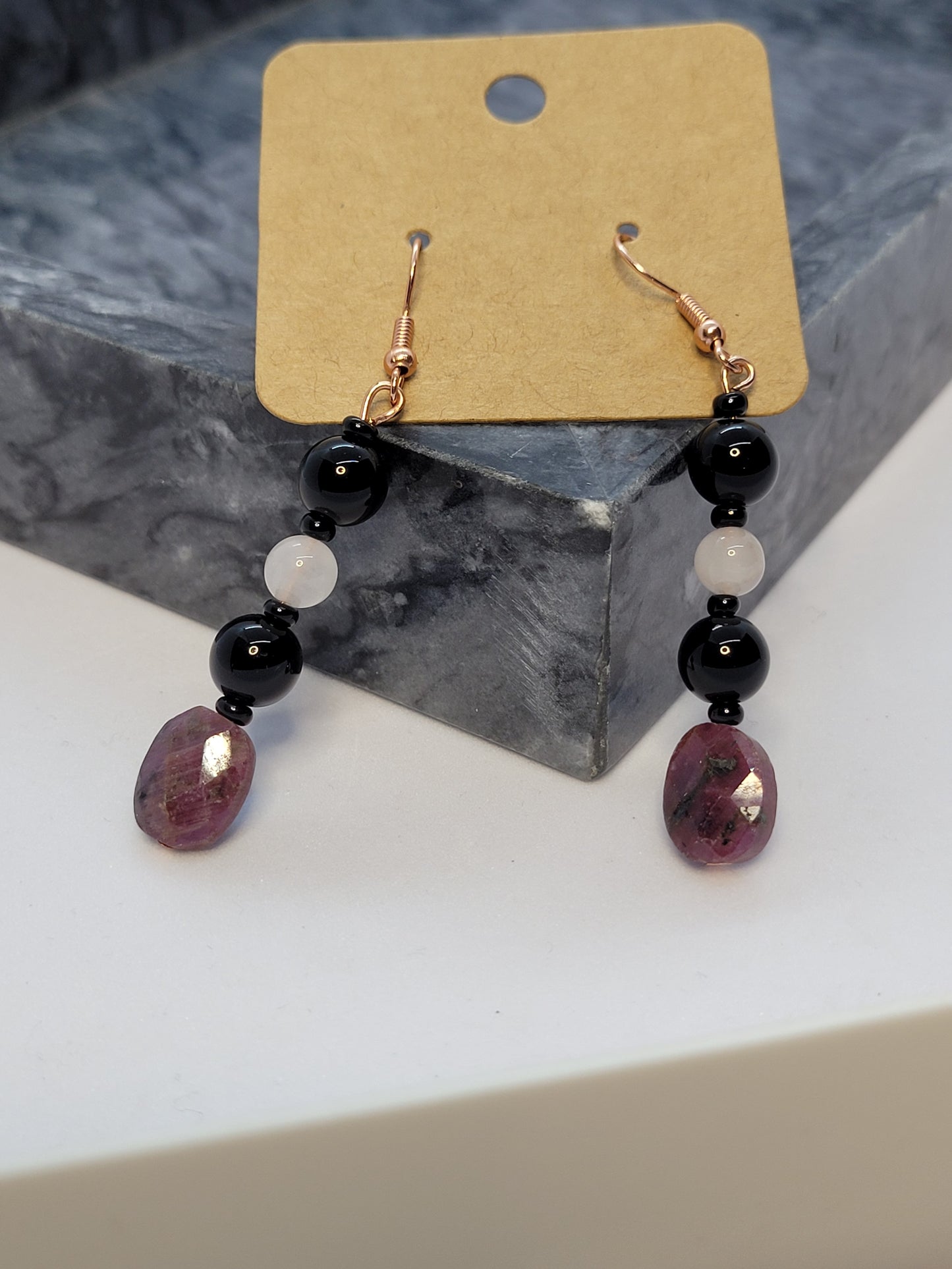 Faceted Ruby, Obsidian & Rose Quartz earrings - copper