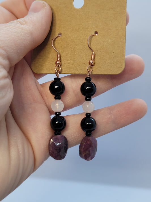 Faceted Ruby, Obsidian & Rose Quartz earrings - copper