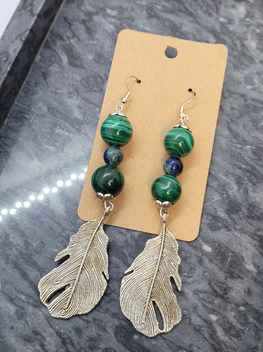 Malachite, Azurite/Chrysocolla, feather charm earrings - silver