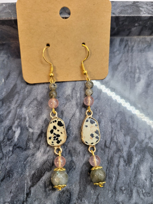 Dalmation Jasper, Labradorite & Strawberry Quartz earrings - gold